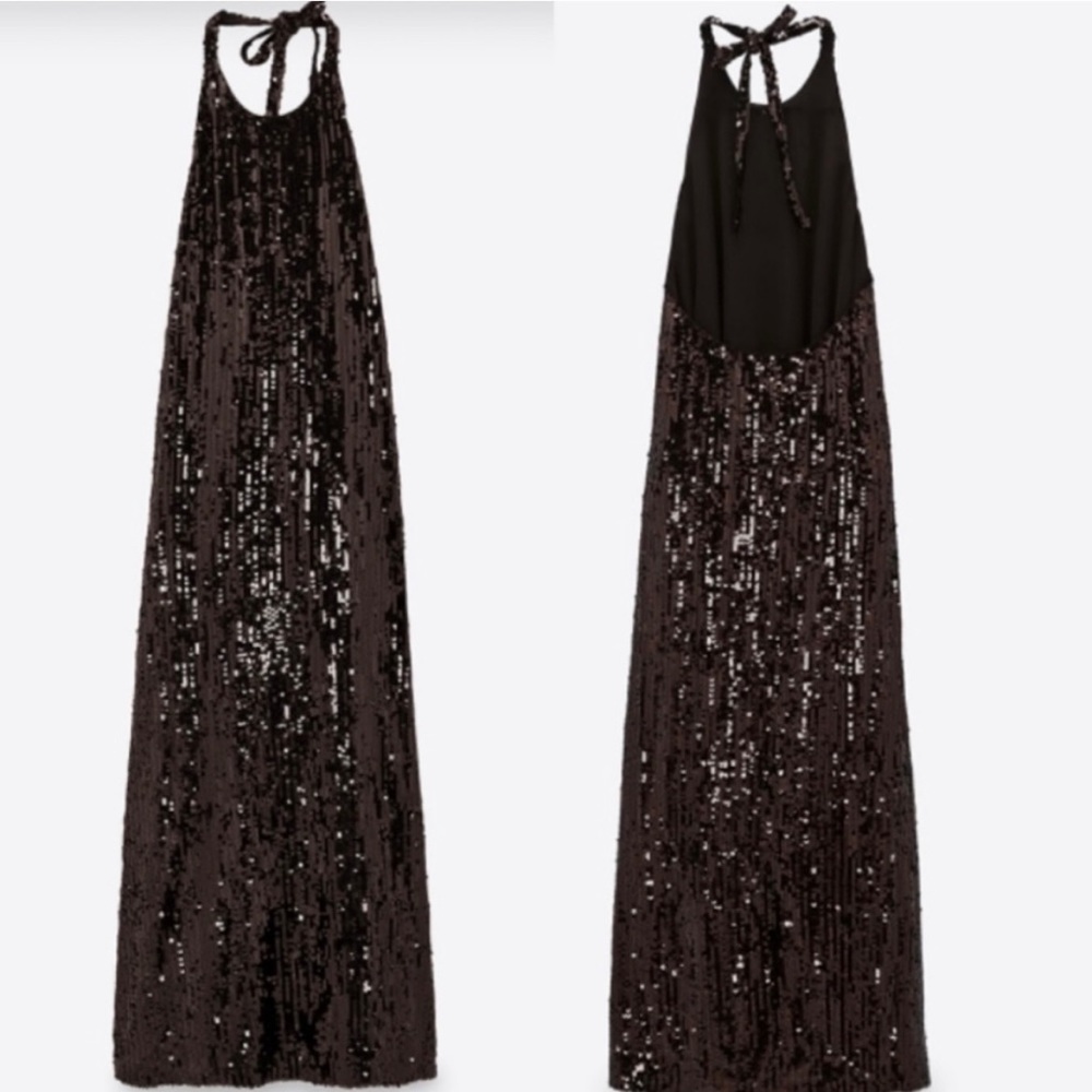 Zara Chocolate Brown Sequin Halter Maxi Dress - Picture 5 of 6
